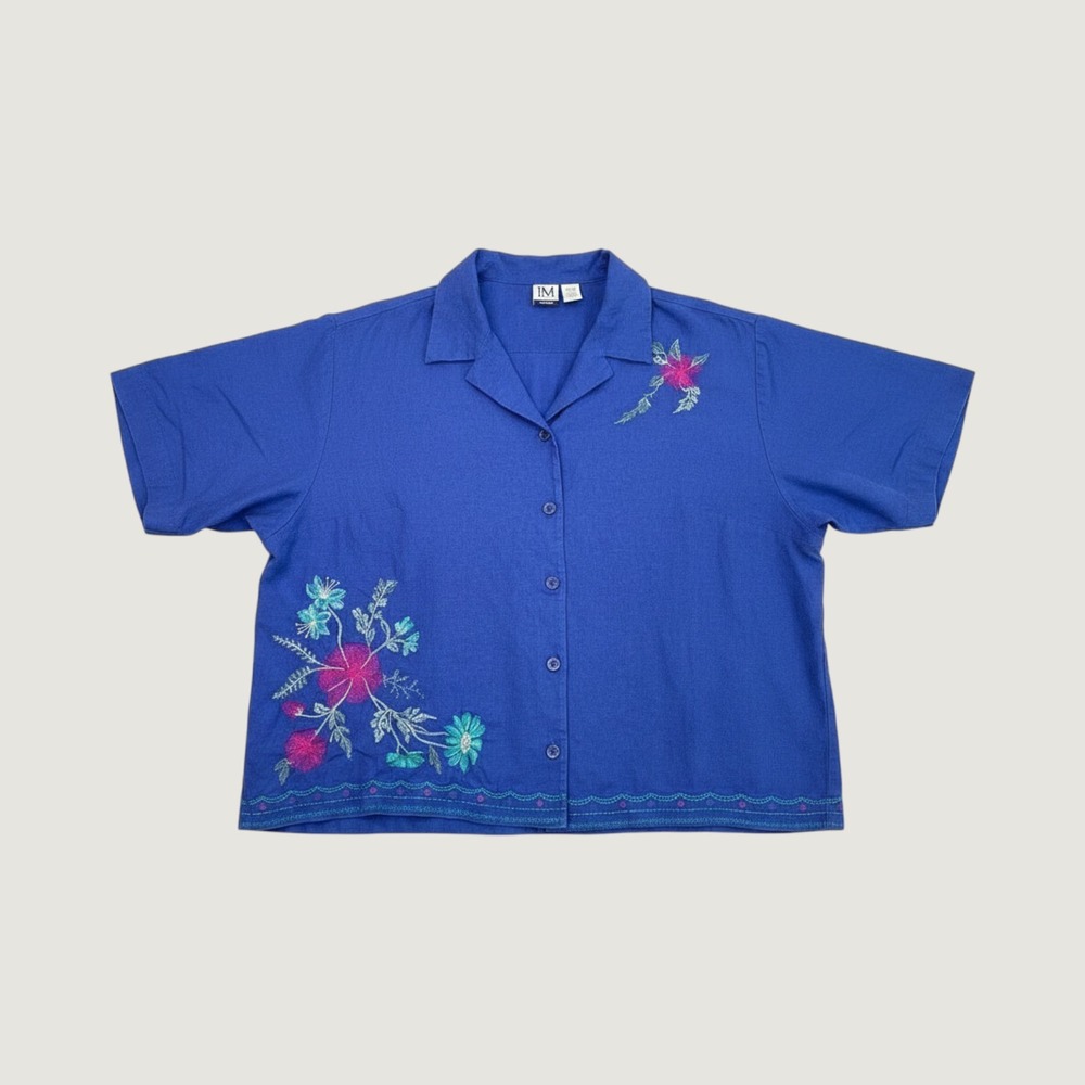 Women's Linen Blend Blue Floral Embroidered Button Shirt Summer Cruise Casual 3X
